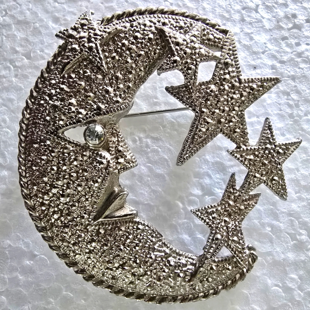 Vintage Silver-tone Textured Moon and Stars With Rhinestone Eye Brooch